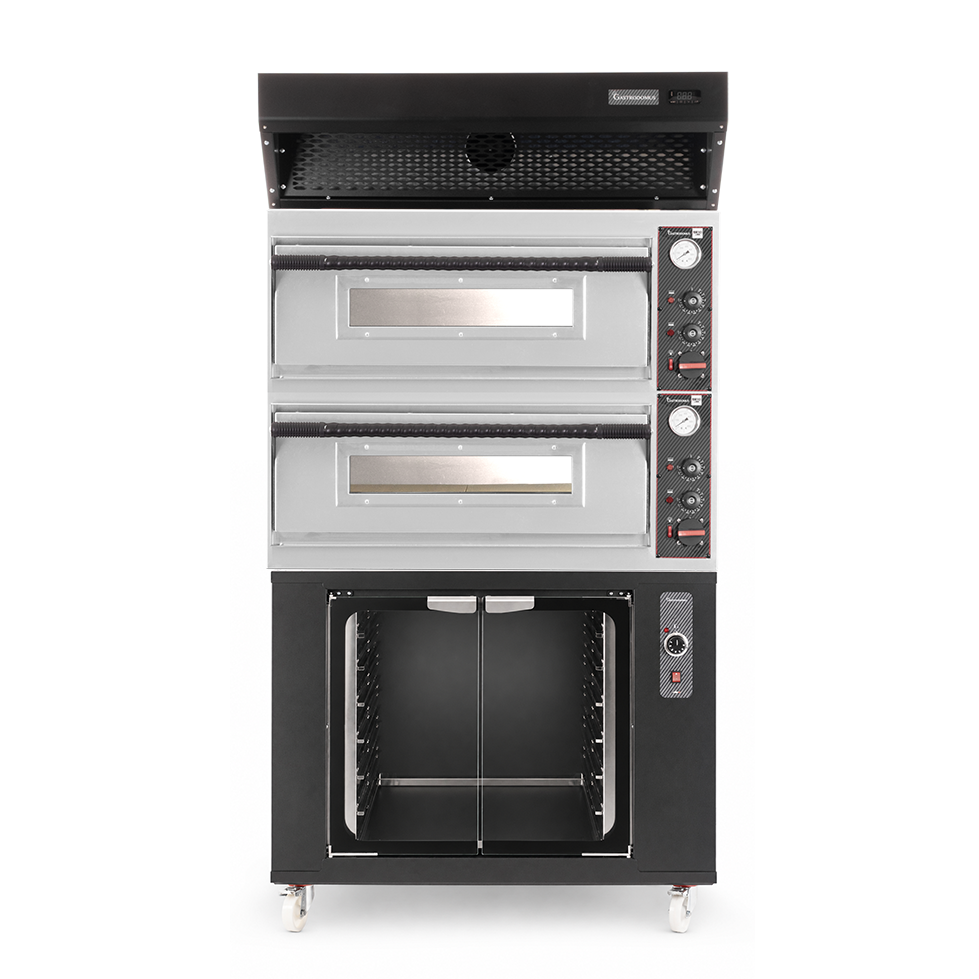 Horno eléctrico para pizza mecánico 4 + 4 pizzas Ø 320 mm – 9,4 kW, campana de condensación negra y cámara de fermentación negra