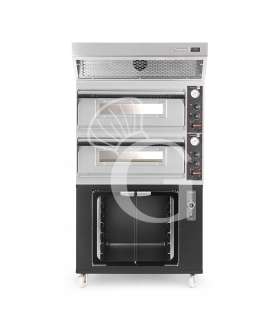 Horno eléctrico para pizza mecánico 4 + 4 pizzas Ø 320 mm – 9,4 kW, campana de condensación inox y cámara de fermentación negra
