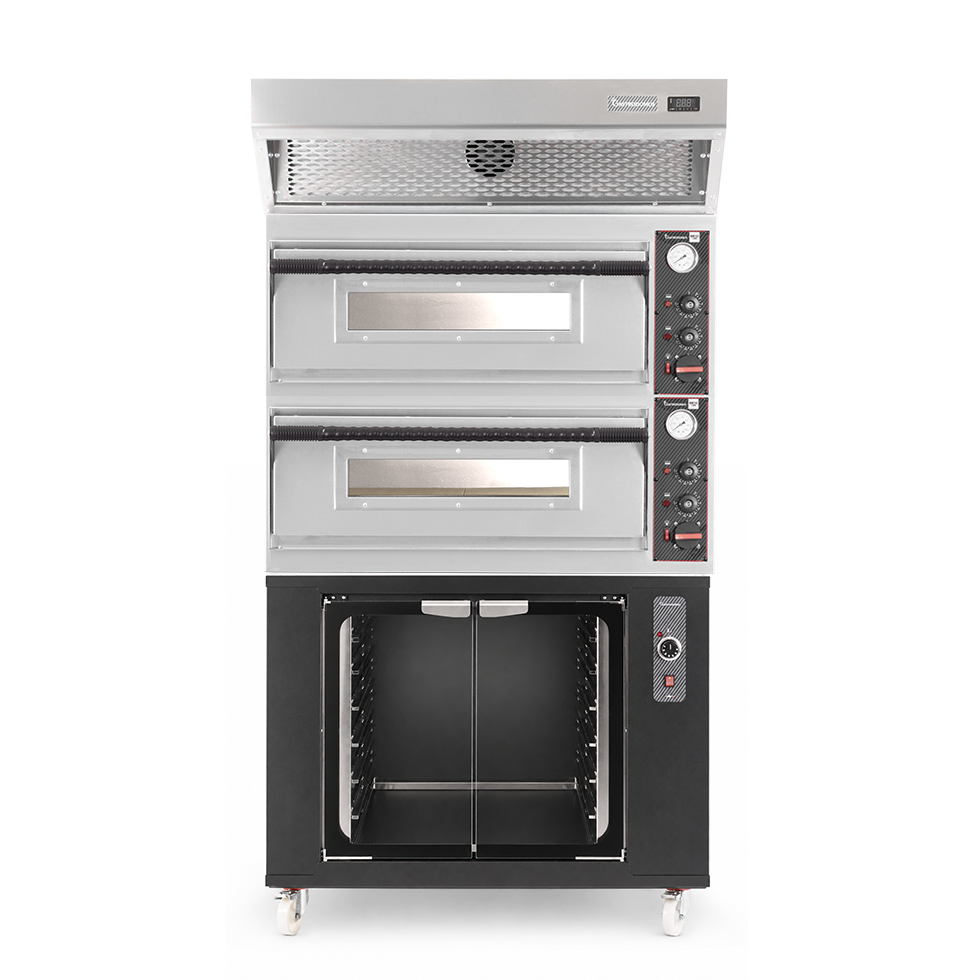 Horno eléctrico para pizza mecánico 4 + 4 pizzas Ø 320 mm – 9,4 kW, campana de condensación inox y cámara de fermentación negra
