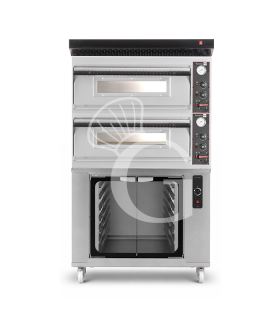 Horno eléctrico para pizza mecánico 4 + 4 pizzas Ø 320 mm – 9,4 kW, campana negra y cámara de fermentación inox