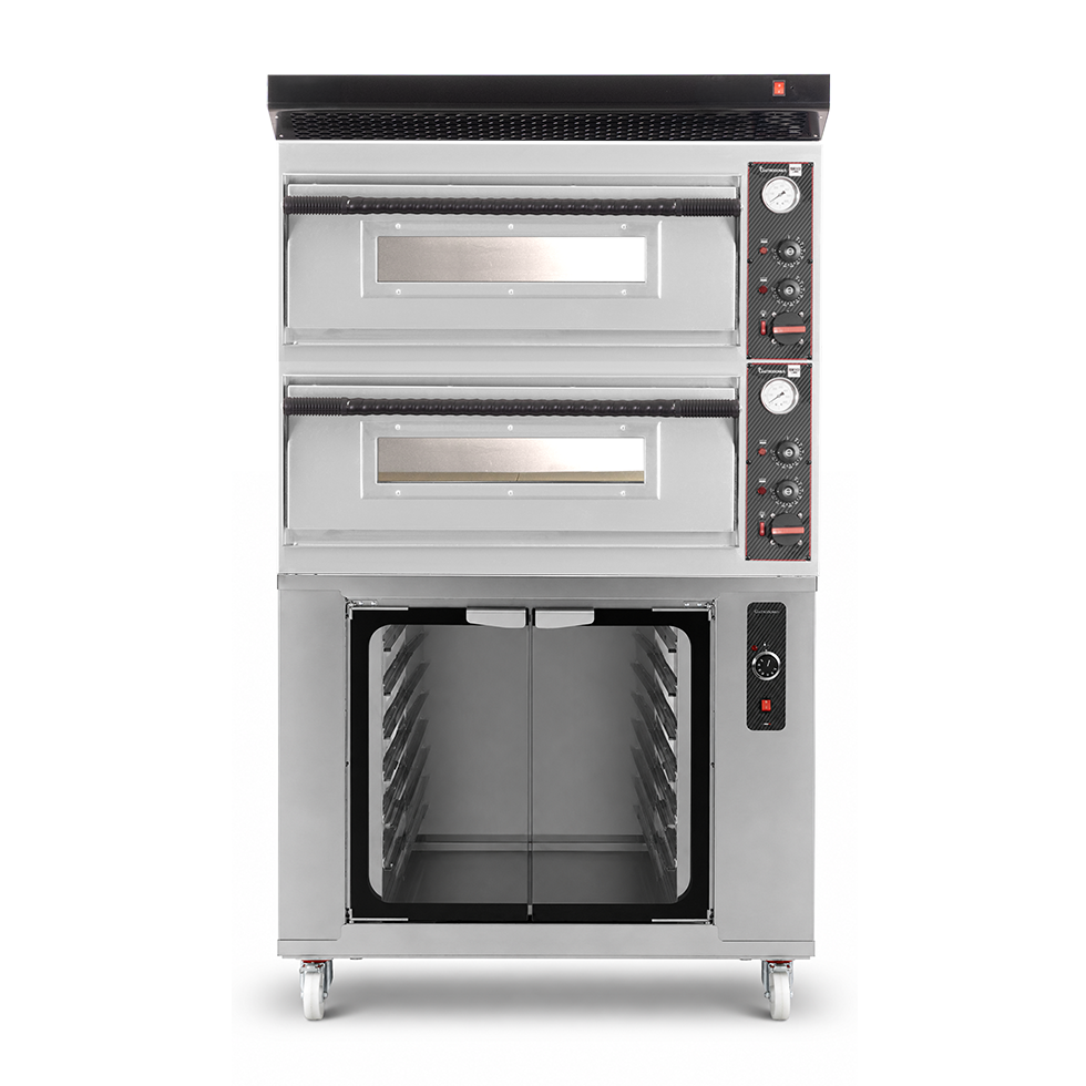 Horno eléctrico para pizza mecánico 4 + 4 pizzas Ø 320 mm – 9,4 kW, campana negra y cámara de fermentación inox