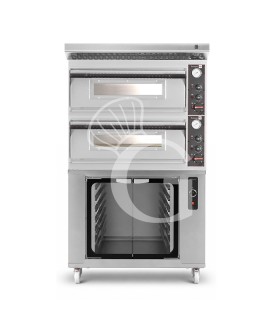 Horno eléctrico para pizza mecánico 4 + 4 pizzas Ø 320 mm – 9,4 kW, campana inox y cámara de fermentación inox