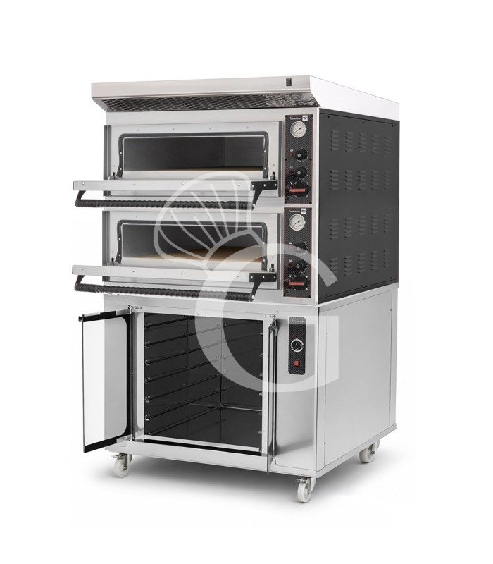 Horno eléctrico para pizza mecánico 4 + 4 pizzas Ø 320 mm – 9,4 kW, campana inox y cámara de fermentación inox
