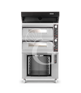 Horno eléctrico para pizza mecánico 4 + 4 pizzas Ø 320 mm – 9,4 kW, campana negra y cámara de fermentación inox