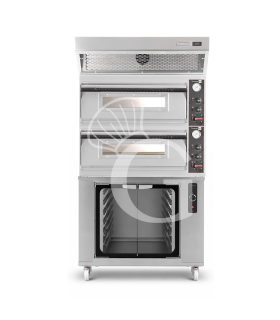 Horno eléctrico para pizza mecánico 4 + 4 pizzas Ø 320 mm – 9,4 kW, campana de condensación inox y cámara de fermentación inox