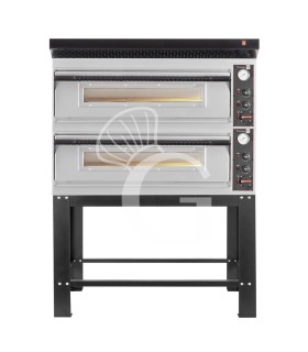 Horno eléctrico para pizza mecánico 6 + 6 pizzas Ø 350 mm – 18 kW, campana negra y soporte