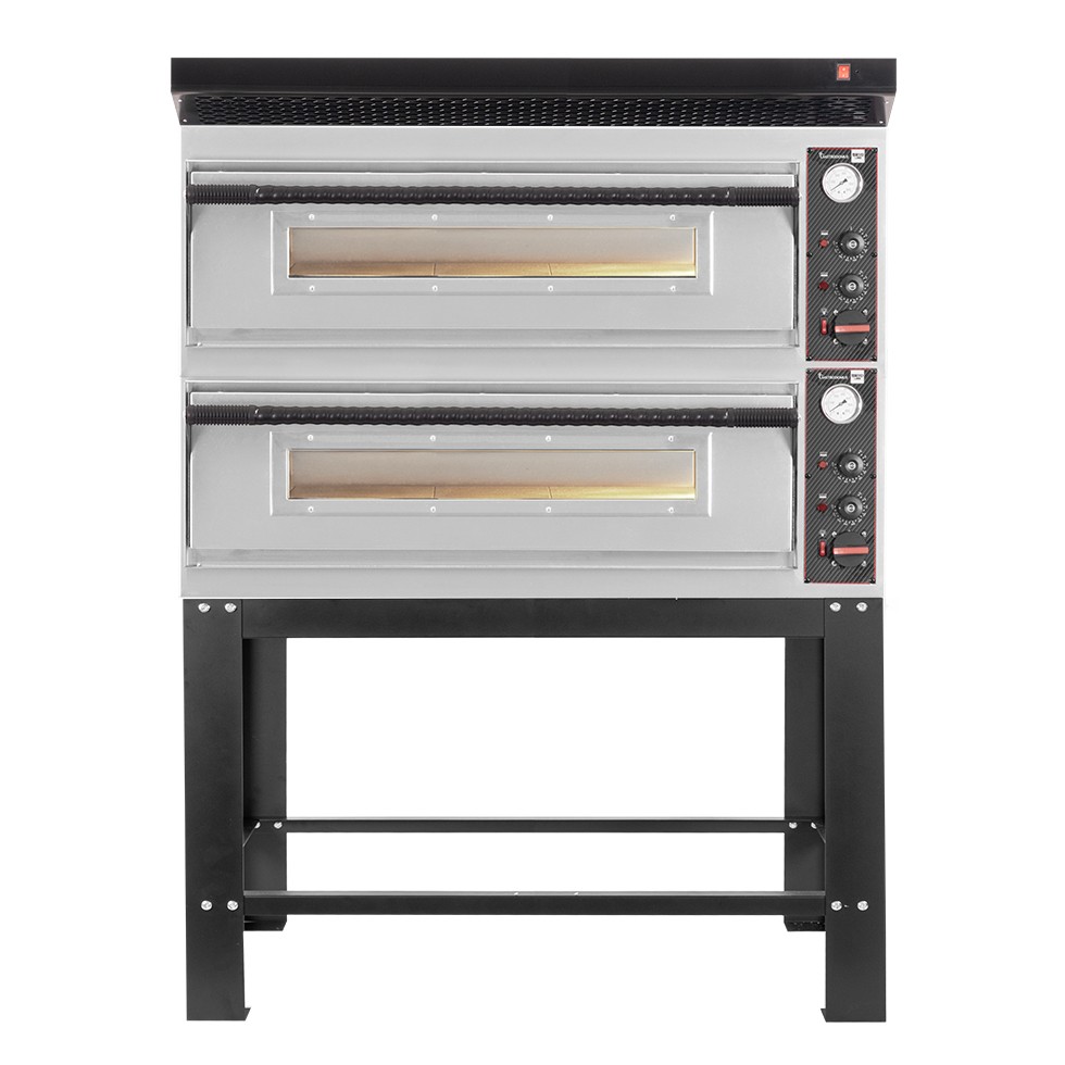 Horno eléctrico para pizza mecánico 6 + 6 pizzas Ø 350 mm – 18 kW, campana negra y soporte