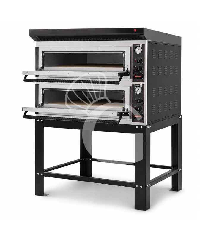 Horno eléctrico para pizza mecánico 6 + 6 pizzas Ø 350 mm – 18 kW, campana negra y soporte