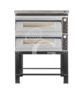 Horno eléctrico para pizza mecánico 6 + 6 pizzas Ø 350 mm – 18 kW, con campana inox y soporte