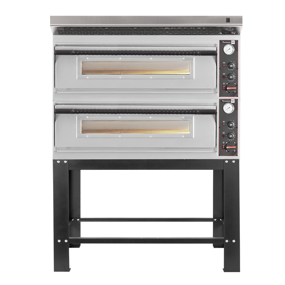Horno eléctrico para pizza mecánico 6 + 6 pizzas Ø 350 mm – 18 kW, con campana inox y soporte