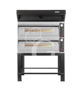 Horno eléctrico para pizza mecánico 6 + 6 pizzas Ø 350 mm – 18 kW, campana de condensación negra y soporte