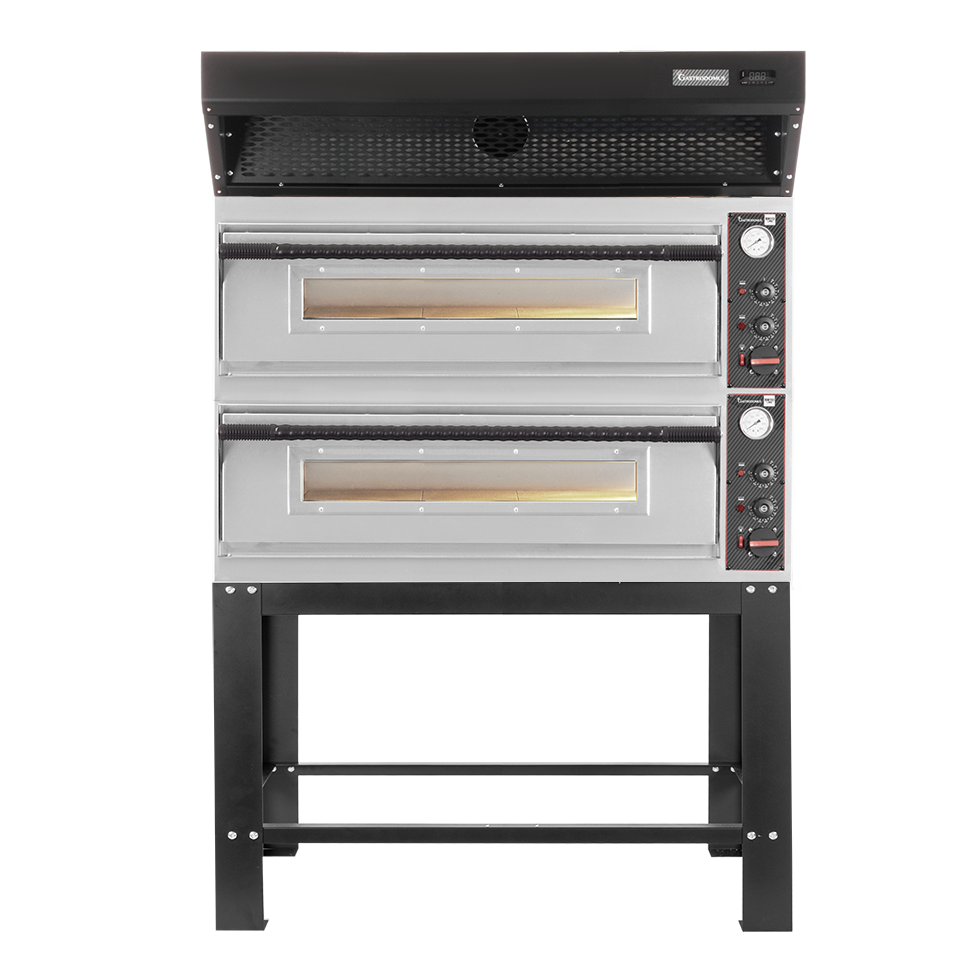 Horno eléctrico para pizza mecánico 6 + 6 pizzas Ø 350 mm – 18 kW, campana de condensación negra y soporte