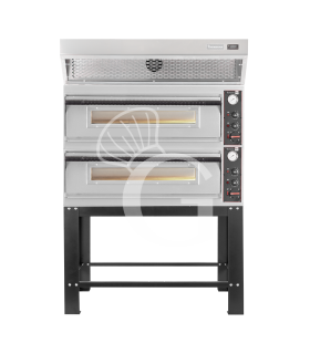 Horno eléctrico para pizza mecánico 6 + 6 pizzas Ø 350 mm – 18 kW, campana de condensación inox y soporte