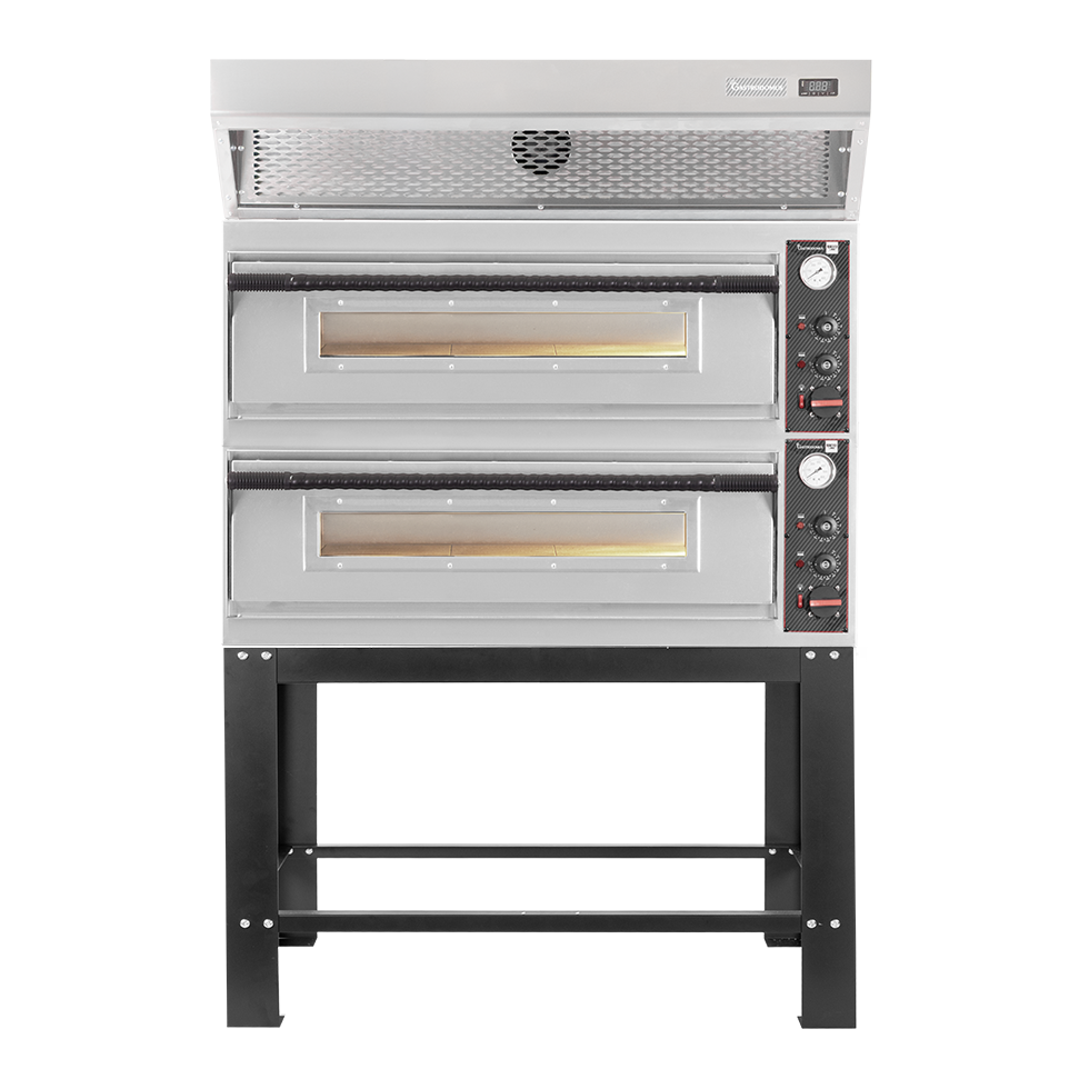Horno eléctrico para pizza mecánico 6 + 6 pizzas Ø 350 mm – 18 kW, campana de condensación inox y soporte