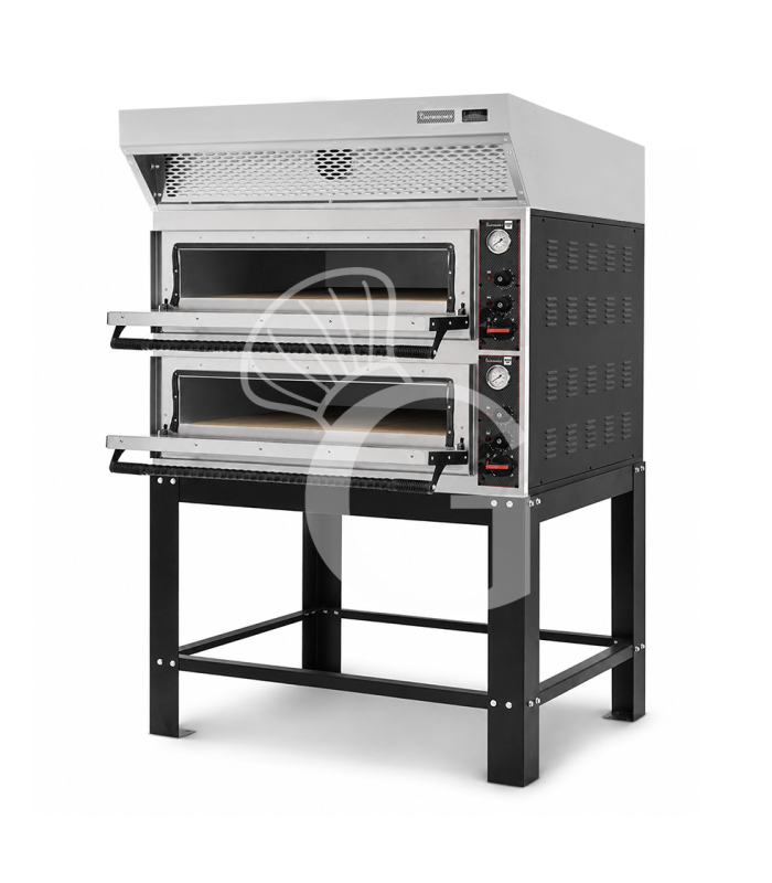 Horno eléctrico para pizza mecánico 6 + 6 pizzas Ø 350 mm – 18 kW, campana de condensación inox y soporte