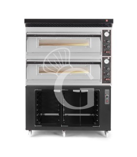 Horno eléctrico para pizza mecánico 6 + 6 pizzas Ø 350 mm – 18 kW, con campana negra y cámara de fermentación negra