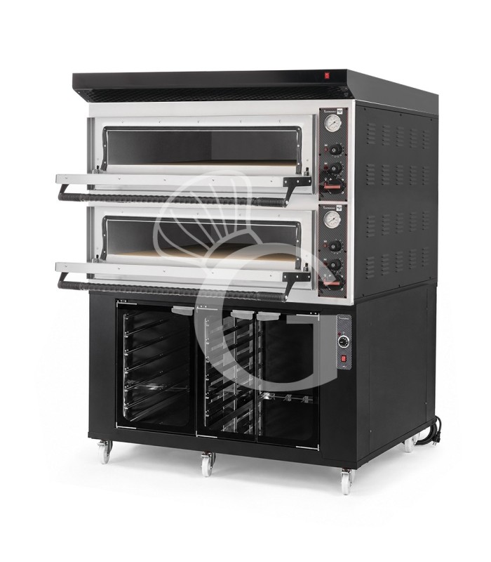 Horno eléctrico para pizza mecánico 6 + 6 pizzas Ø 350 mm – 18 kW, con campana negra y cámara de fermentación negra
