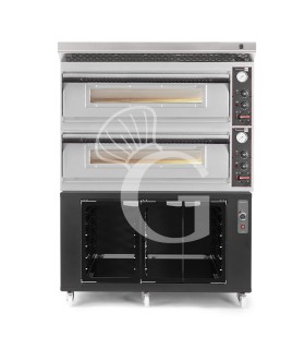 Horno eléctrico para pizza mecánico 6 + 6 pizzas Ø 350 mm – 18 kW, campana inox y cámara de fermentación negra