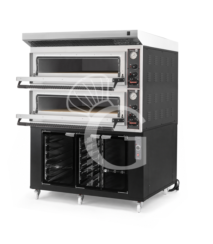 Horno eléctrico para pizza mecánico 6 + 6 pizzas Ø 350 mm – 18 kW, campana inox y cámara de fermentación negra