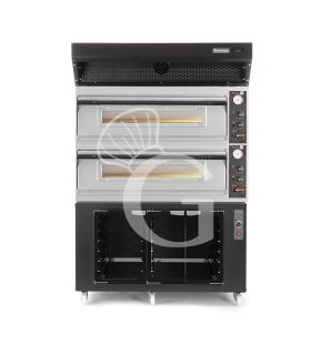 Horno eléctrico para pizza mecánico 6 + 6 pizzas Ø 350 mm – 18 kW, campana de condensación negra y cámara de fermentación negra