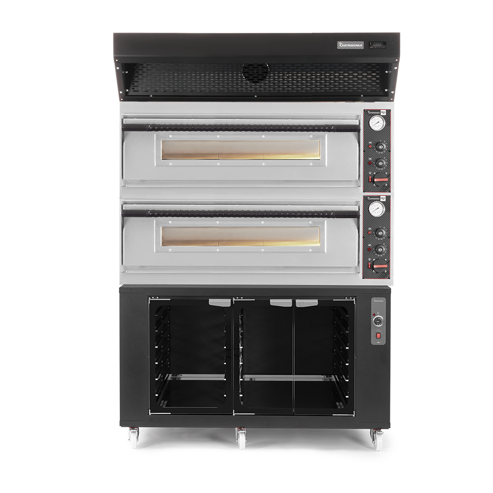 Horno eléctrico para pizza mecánico 6 + 6 pizzas Ø 350 mm – 18 kW, campana de condensación negra y cámara de fermentación negra