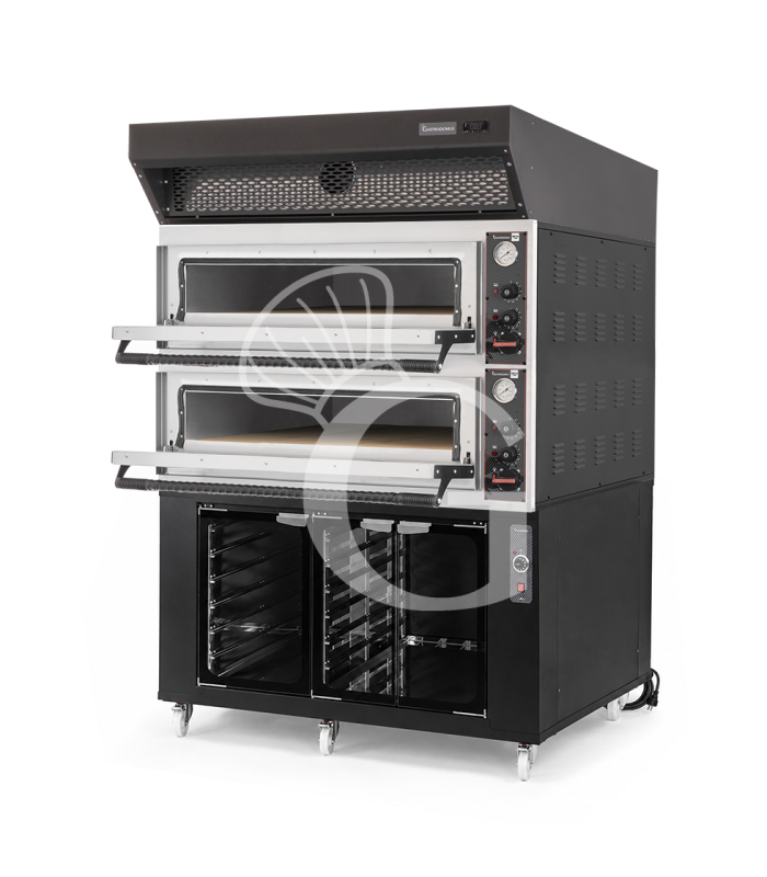 Horno eléctrico para pizza mecánico 6 + 6 pizzas Ø 350 mm – 18 kW, campana de condensación negra y cámara de fermentación negra
