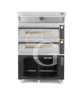 Horno eléctrico para pizza mecánico 6 + 6 pizzas Ø 350 mm – 18 kW, campana de condensación inox y cámara de fermentación negra