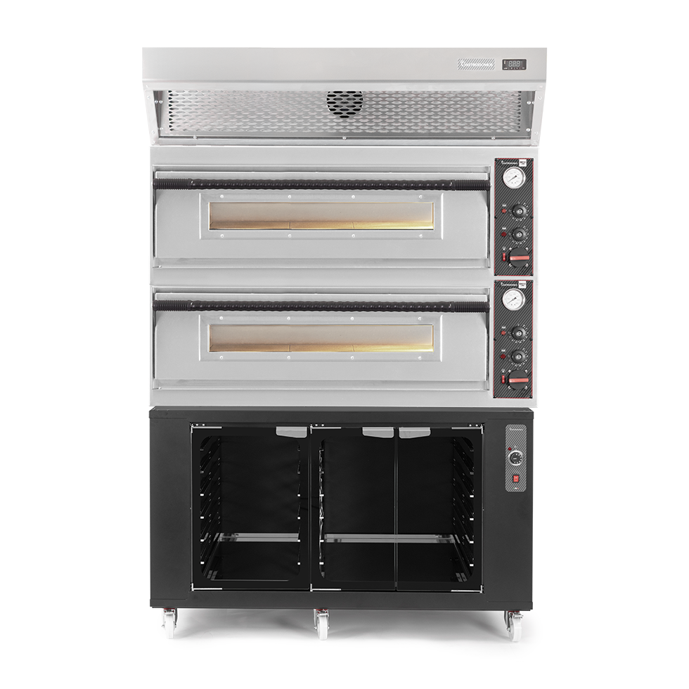 Horno eléctrico para pizza mecánico 6 + 6 pizzas Ø 350 mm – 18 kW, campana de condensación inox y cámara de fermentación negra