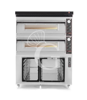 Horno eléctrico para pizza mecánico 6 + 6 pizzas Ø 350 mm – 18 kW, campana negra y cámara de fermentación inox