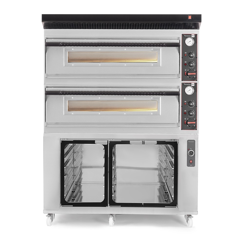 Horno eléctrico para pizza mecánico 6 + 6 pizzas Ø 350 mm – 18 kW, campana negra y cámara de fermentación inox