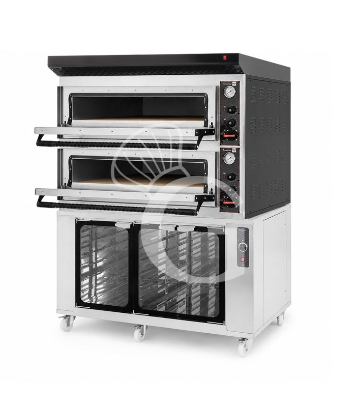 Horno eléctrico para pizza mecánico 6 + 6 pizzas Ø 350 mm – 18 kW, campana negra y cámara de fermentación inox