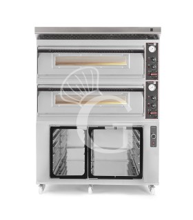 Horno eléctrico para pizza mecánico 6 + 6 pizzas Ø 350 mm – 18 kW, campana inox y cámara de fermentación inox