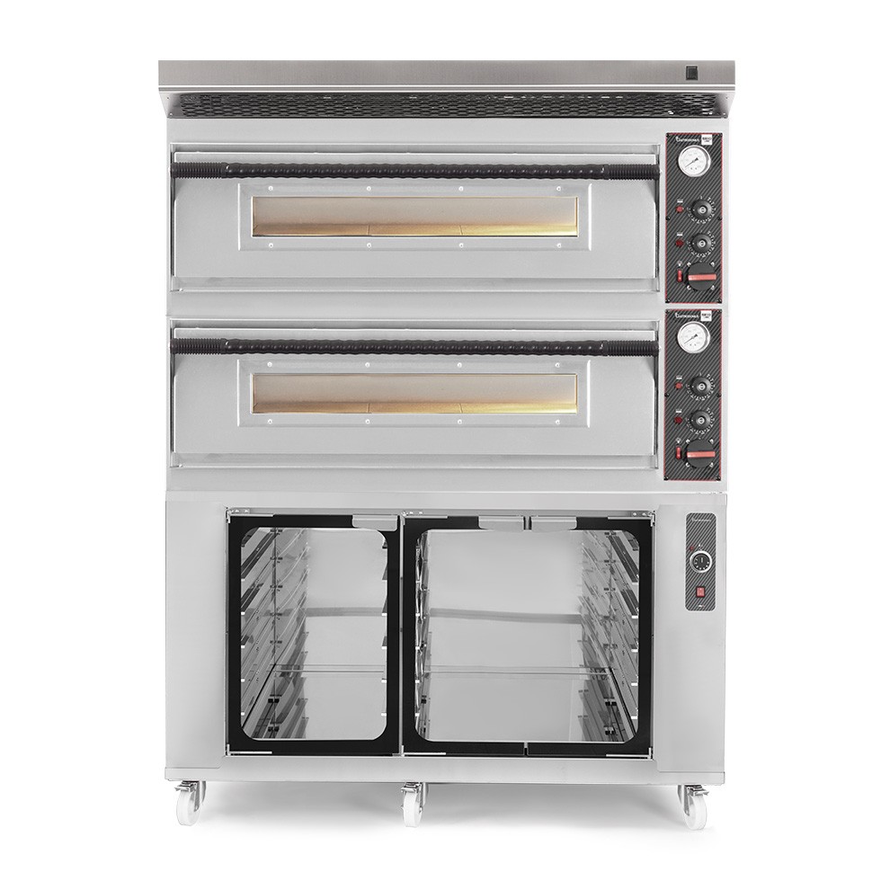 Horno eléctrico para pizza mecánico 6 + 6 pizzas Ø 350 mm – 18 kW, campana inox y cámara de fermentación inox