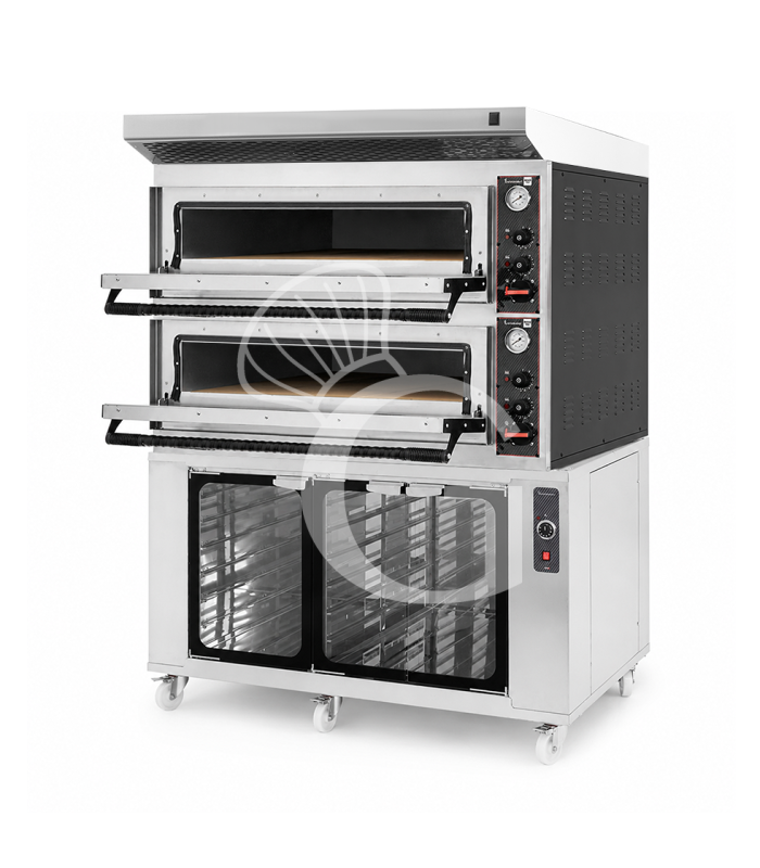 Horno eléctrico para pizza mecánico 6 + 6 pizzas Ø 350 mm – 18 kW, campana inox y cámara de fermentación inox
