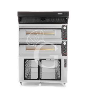 Horno eléctrico para pizza mecánico 6 + 6 pizzas Ø 350 mm – 18 kW, campana de condensación inox y cámara de fermentación inox