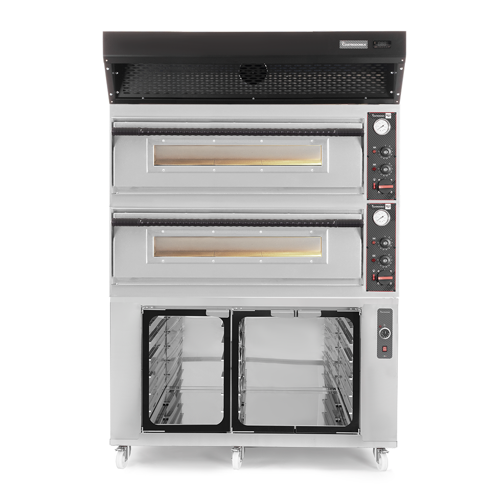 Horno eléctrico para pizza mecánico 6 + 6 pizzas Ø 350 mm – 18 kW, campana de condensación inox y cámara de fermentación inox