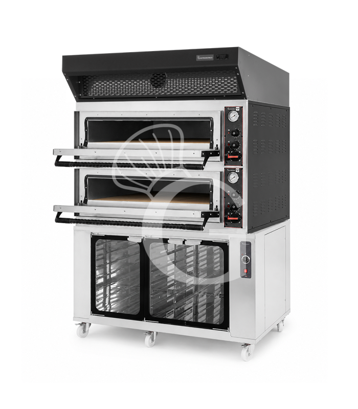 Horno eléctrico para pizza mecánico 6 + 6 pizzas Ø 350 mm – 18 kW, campana de condensación inox y cámara de fermentación inox