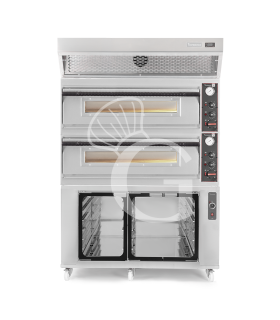 Horno eléctrico para pizza mecánico 6 + 6 pizzas Ø 350 mm – 18 kW, campana de condensación inox y cámara de fermentación inox