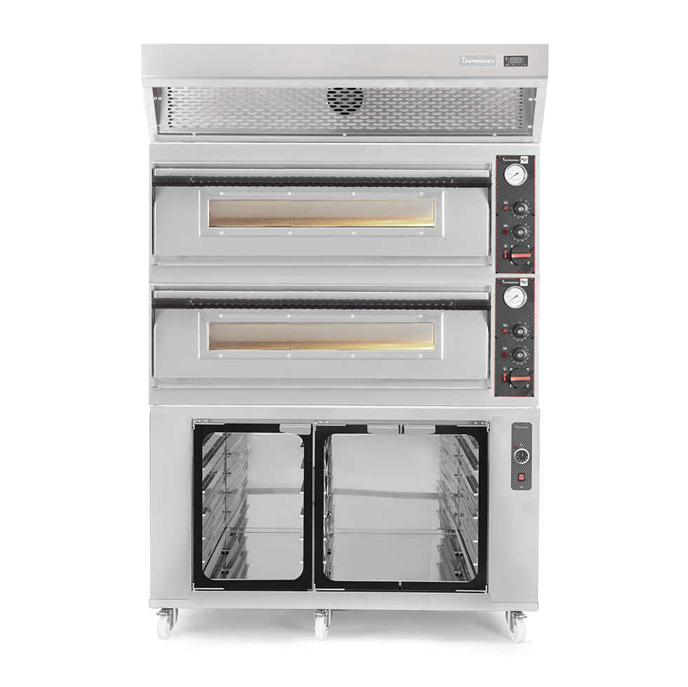 Horno eléctrico para pizza mecánico 6 + 6 pizzas Ø 350 mm – 18 kW, campana de condensación inox y cámara de fermentación inox