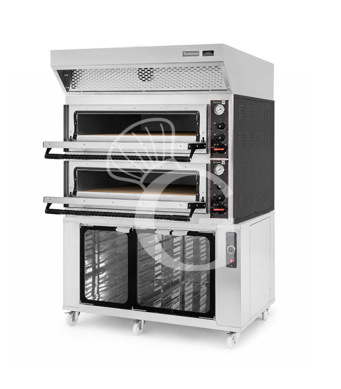 Horno eléctrico para pizza mecánico 6 + 6 pizzas Ø 350 mm – 18 kW, campana de condensación inox y cámara de fermentación inox