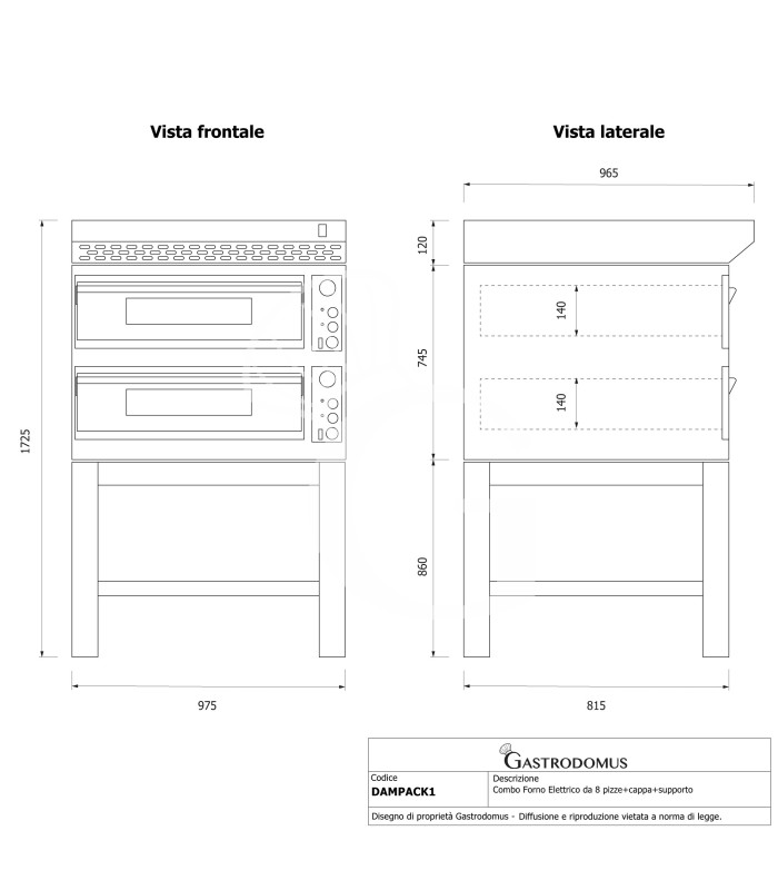 Horno eléctrico para pizza mecánico 4 + 4 pizzas Ø 320 mm – 9,4 kW, campana negra y soporte