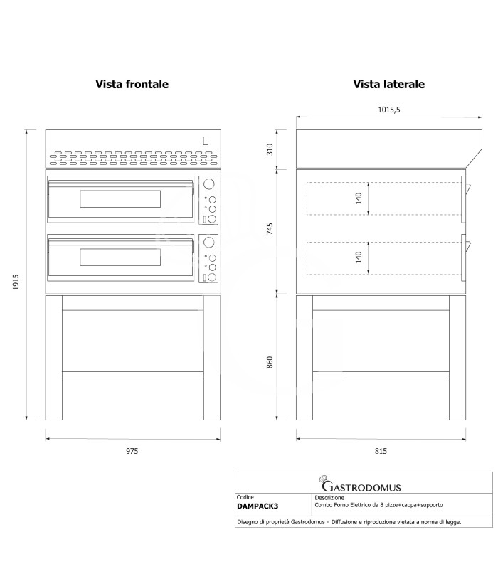 Horno eléctrico para pizza mecánico 4 + 4 pizzas Ø 320 mm – 9,4 kW, campana de condensación negra y soporte