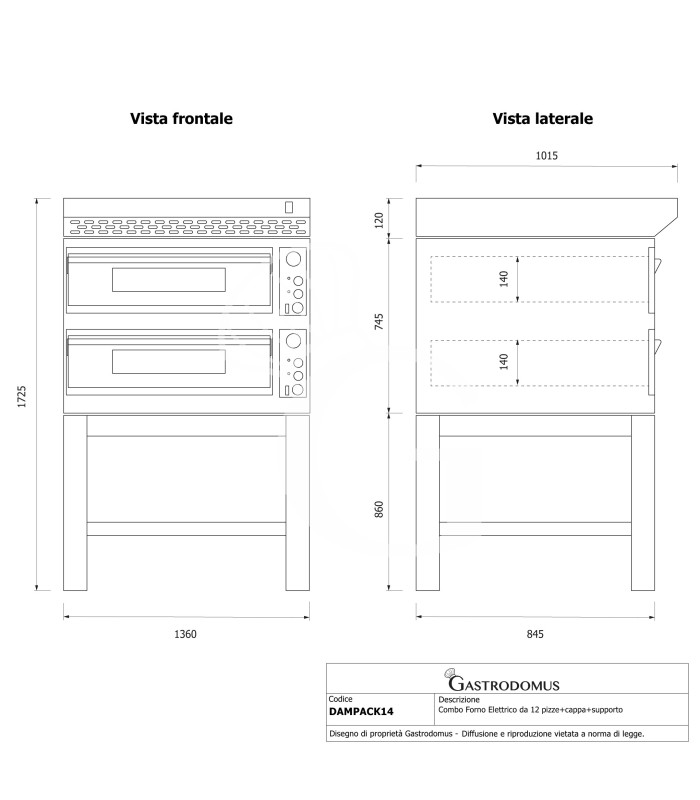 Horno eléctrico para pizza mecánico 6 + 6 pizzas Ø 350 mm – 18 kW, con campana inox y soporte