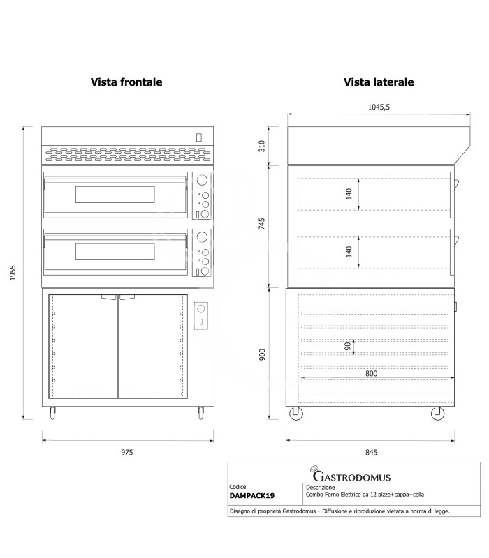 Horno eléctrico para pizza mecánico 6 + 6 pizzas Ø 350 mm – 18 kW, campana de condensación negra y cámara de fermentación negra