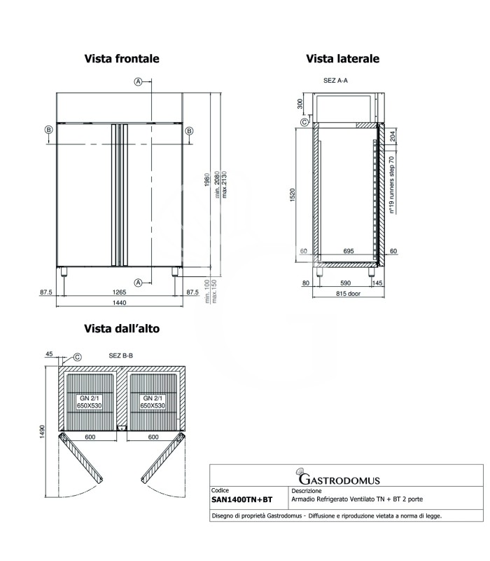 Armario refrigerado ventilado TN + BT 2 puertas –2 °C/+10 °C // –18 °C/–22 °C 1400 L clase energética C+C