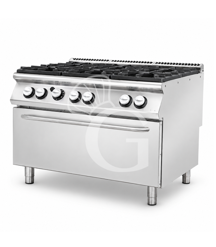 Cocina de gas profesional con 6 fuegos, horno de gas maxi, profundidad 900 mm