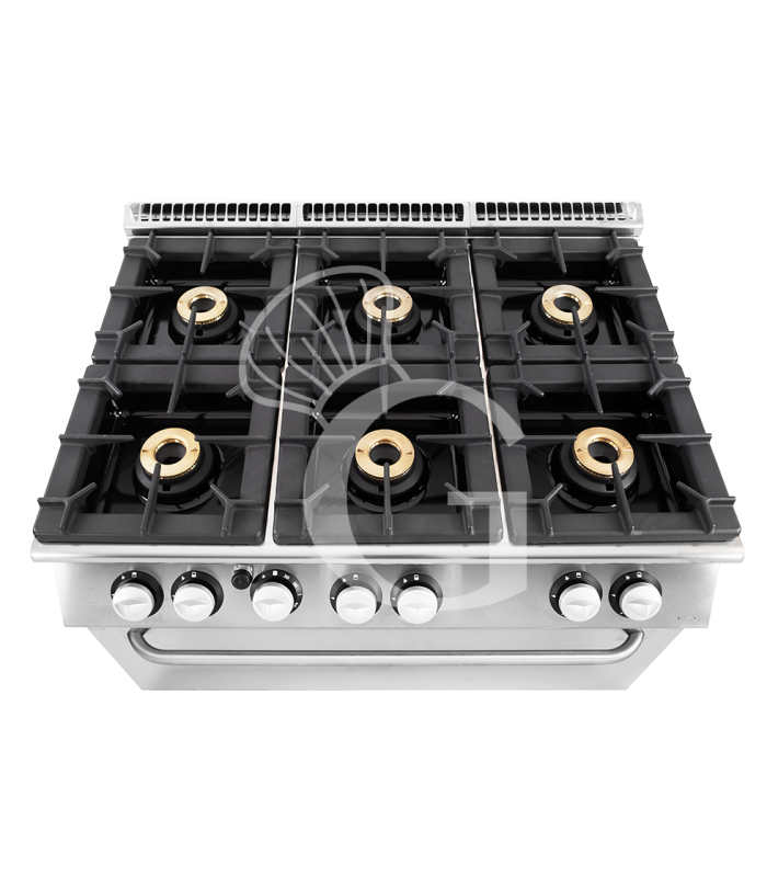Cocina de gas profesional con 6 fuegos, horno de gas maxi, profundidad 900 mm