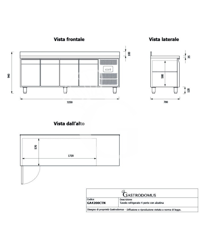 Mesa refrigerada 4 puertas con alzatina 0°C/+8°C – Clase energética A – Profundidad 600 mm