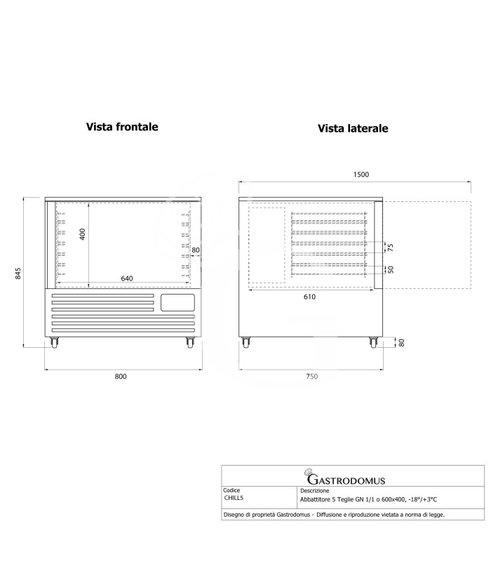 Abatidor de temperatura profesional 5 bandejas GN 1/1 o 600×400, –18°/+3°C