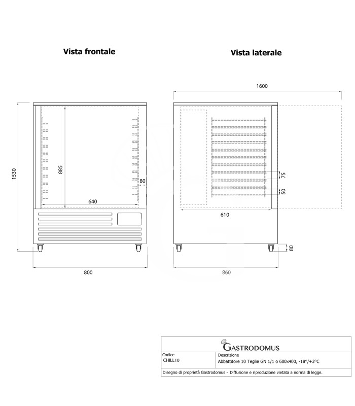 Abatidor de temperatura profesional 10 bandejas GN 1/1 o 600×400, –18°/+3°C